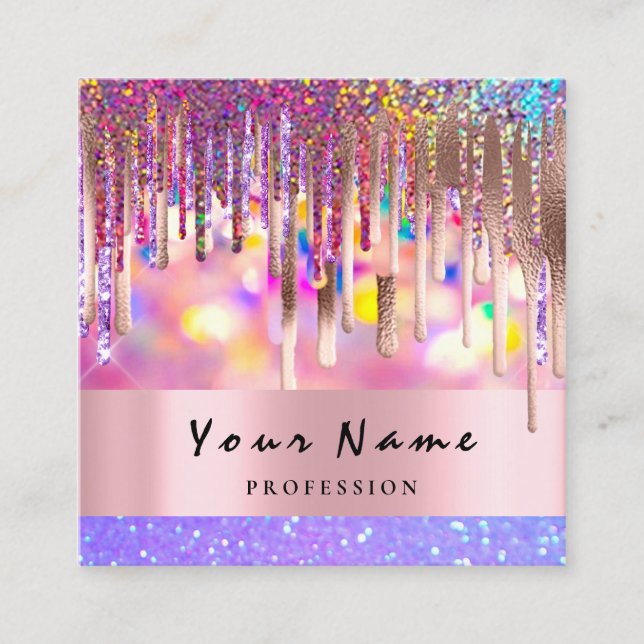 Makeup Artist Holograph Drip Nails Glitter Drips Square Business Card (Front)