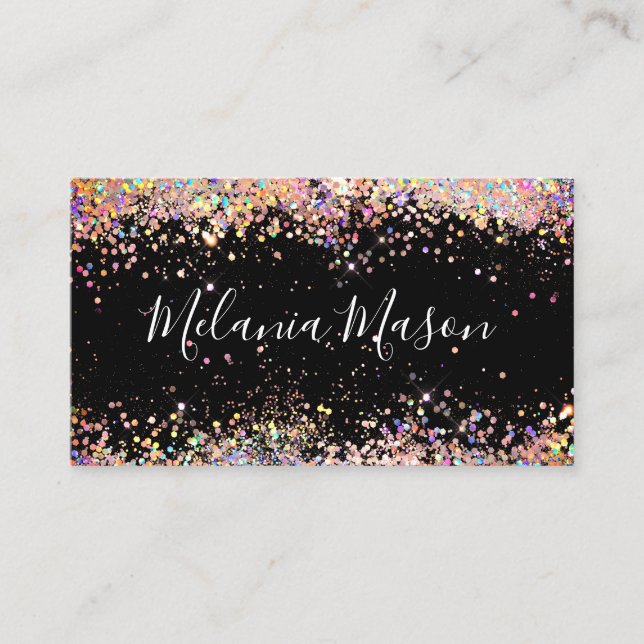 Makeup Artist Holographic Glitter QR Code Black Business Card (Front)