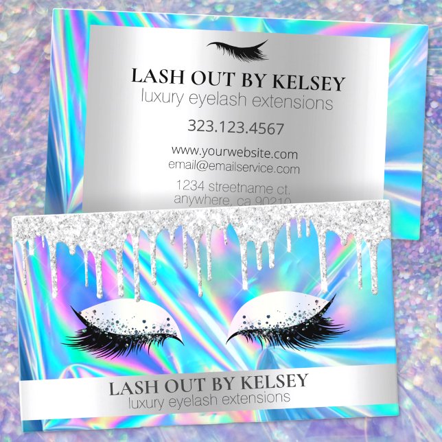 Makeup Artist Holographic Platinum Glitter Drips Business Card (Creator Uploaded)