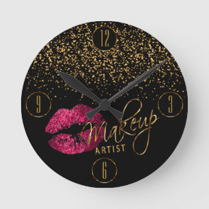 Makeup Artist Hot Pink Lips and Gold Confetti Round Clock