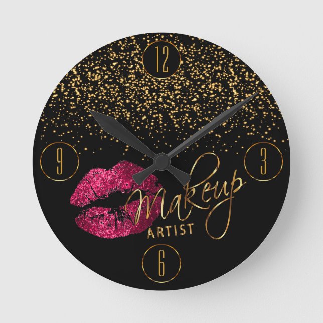 Makeup Artist Hot Pink Lips and Gold Confetti Round Clock (Front)