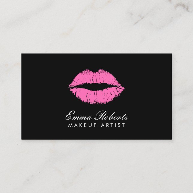 Makeup Artist Hot Pink Lips Plain Black Business Card (Front)