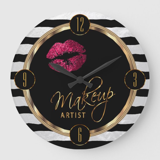 Makeup Artist Hot Pink Lips with White Stripes Large Clock (Front)