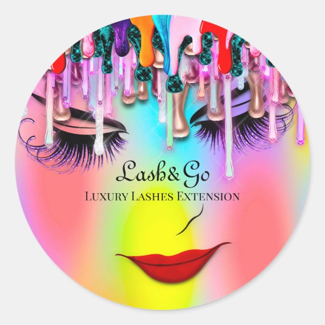 Makeup Artist Lash Extension Drips Ombre Rainbow  Classic Round Sticker (Front)