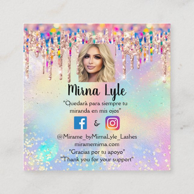 Makeup Artist Lash Studio Holograph Photo Mirna's Square Business Card (Back)