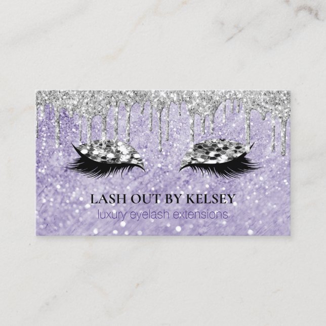 Makeup Artist Lashes Amethyst Marble Glitter Drips Business Card (Front)