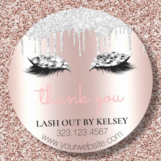 Makeup Artist Lashes Pink & Platinum Glitter Drips Classic Round Sticker (Creator Uploaded)