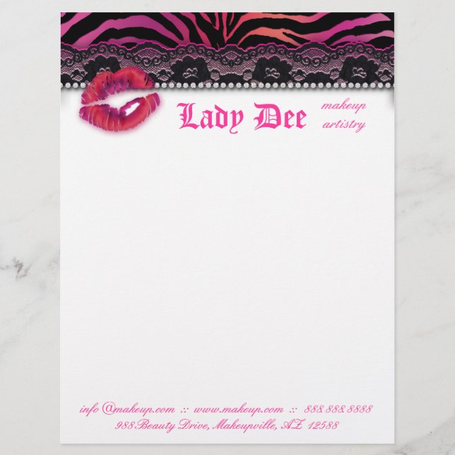 Makeup Artist Letterhead Zebra Lips Lace Pink Red (Front)