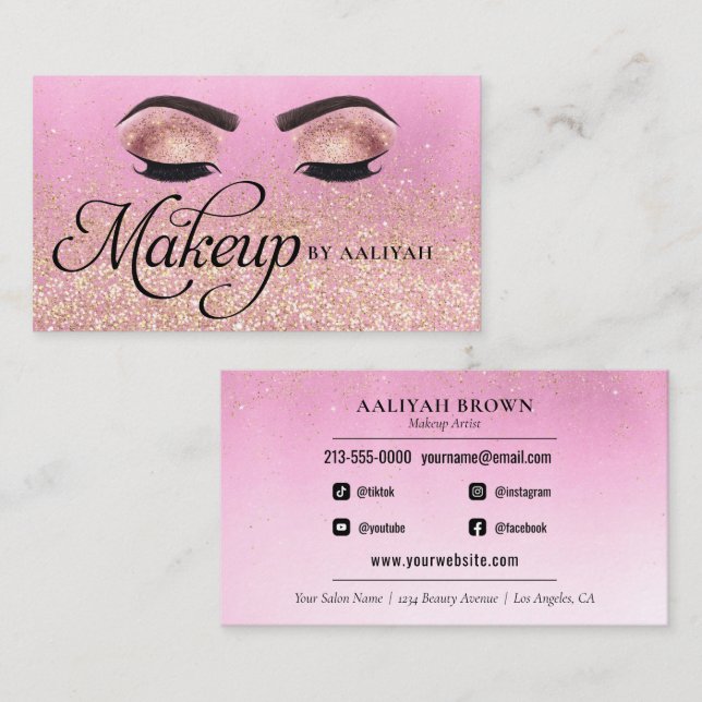 Makeup Artist Luxury Pink Glam Gold MUA Salon Business Card (Front/Back)
