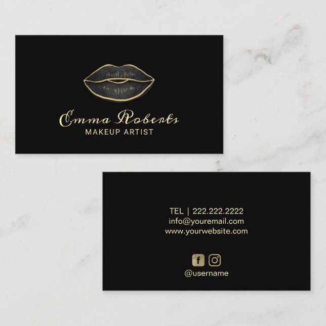 Makeup Artist Modern Black & Gold Lips Business Card (Front/Back)