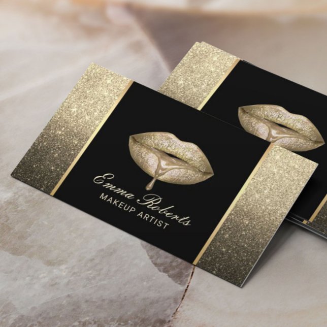 Makeup Artist Modern Dripping Lips Gold Ombre Business Card (Creator Uploaded)