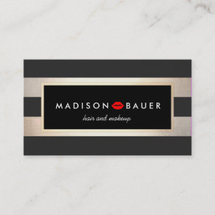 Makeup Artist Modern Gold and Black Stripes Kiss Business Card