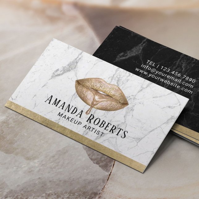 Makeup Artist Modern Gold Drip Lips White Marble Business Card (Creator Uploaded)