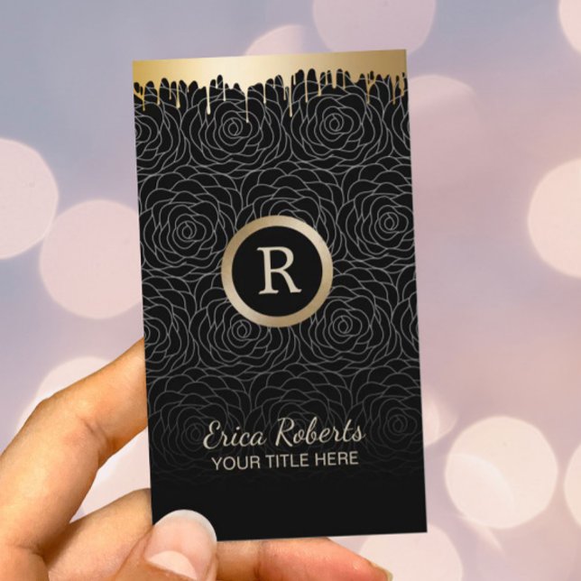 Makeup Artist Modern Gold Drips Black Floral Business Card (Creator Uploaded)