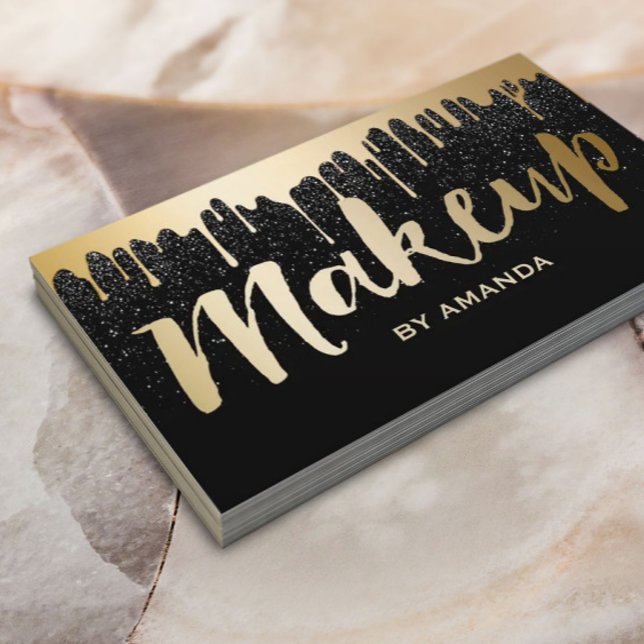 Makeup Artist Modern Gold Drips Black Glitter Business Card (Creator Uploaded)