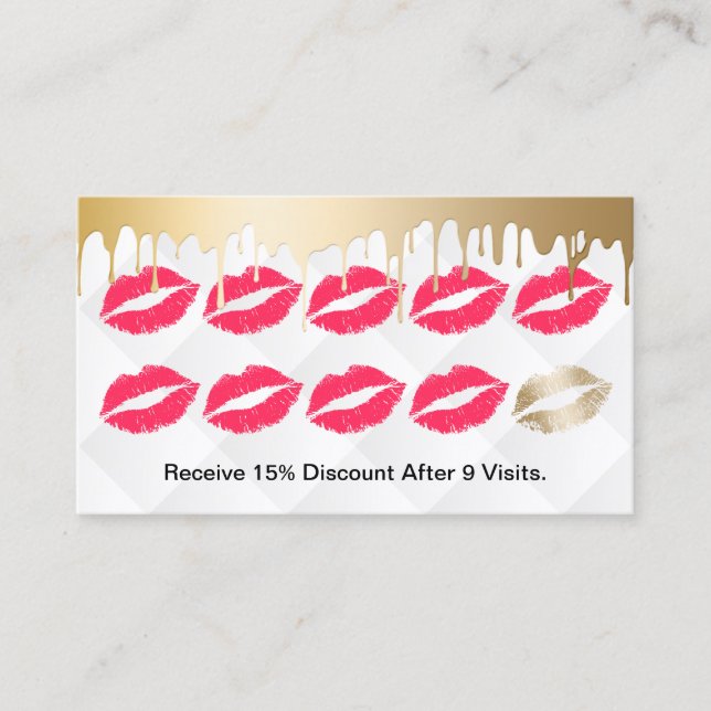 Makeup Artist Modern Gold Drips Red Lips Loyalty Card (Front)