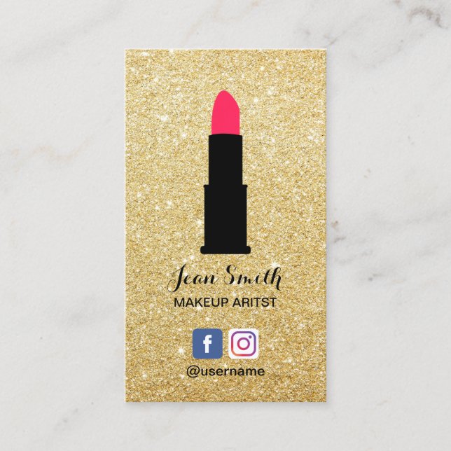 Makeup Artist Modern Gold Glitter Social Media Business Card (Front)