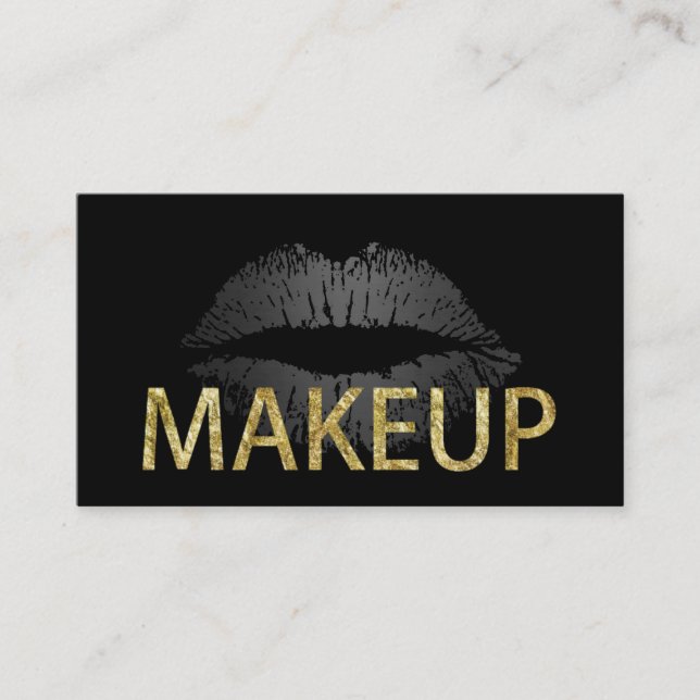 Makeup Artist Modern Gold Glitter Text Lips Business Card (Front)