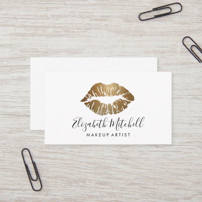 Makeup Artist Modern Handwritten Gold Glitter Lips Business Card (Front/Back In Situ)