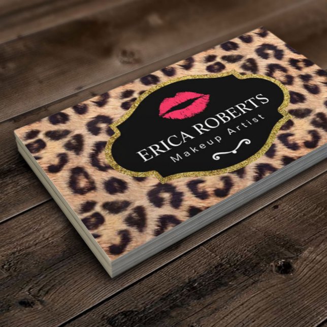Makeup Artist Modern Red Lips Leopard Print Salon Business Card (Creator Uploaded)