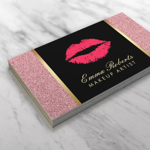 Makeup Artist Modern Red Lips Rose Gold Glitter Business Card