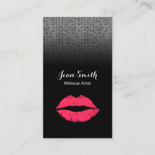 Makeup Artist Modern Red Lips Silver Sequins Business Card