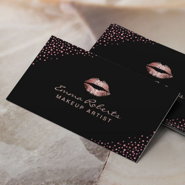 Makeup Artist Modern Rose Gold Lips Confetti Dots Business Card (Creator Uploaded)