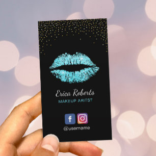 Makeup Artist Modern Turquoise Glitter Lips Salon Business Card