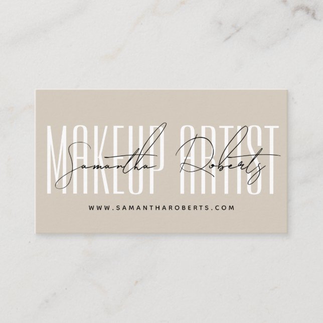 Makeup artist modern typography script beige business card (Front)