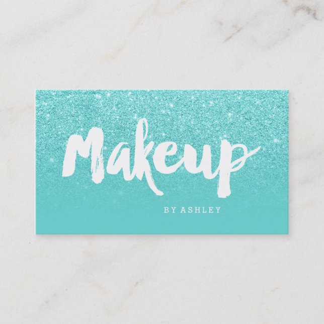 Makeup artist modern typography teal faux glitter business card (Front)