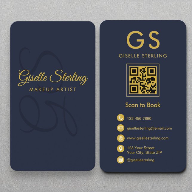 Makeup Artist Monogram Navy Blue Gold QR Code Business Card (Creator Uploaded)