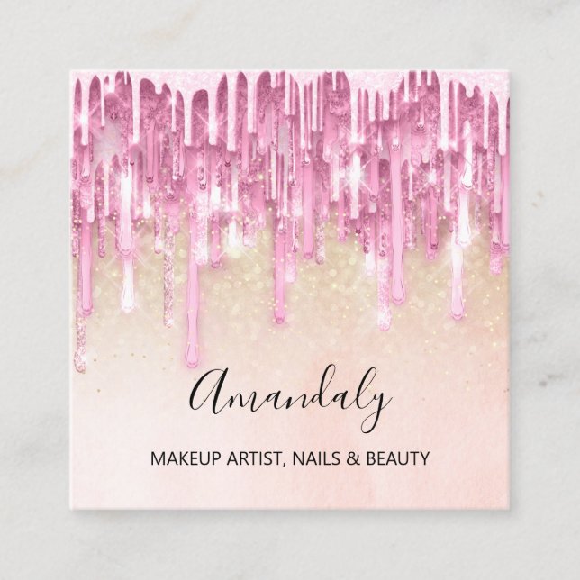Makeup Artist Nail Logo Rose Glitter Confetti Pink Square Business Card (Front)
