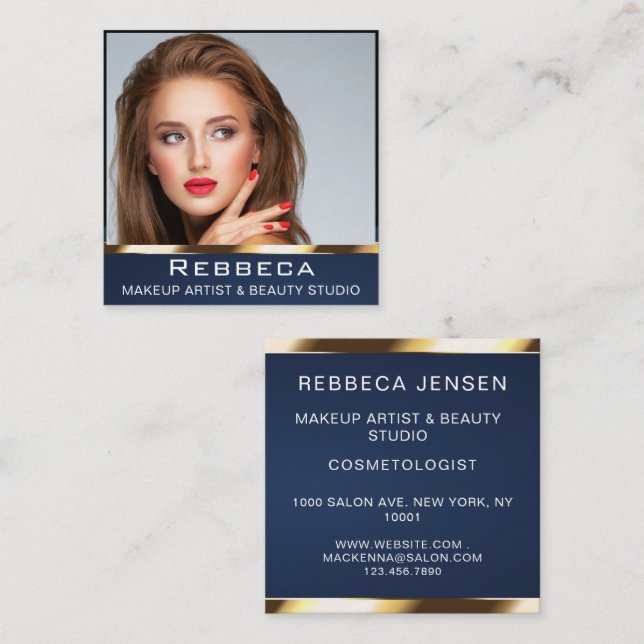 Makeup Artist Nails Beauty SPA blue & Gold Simply Square Business Card (Front/Back)