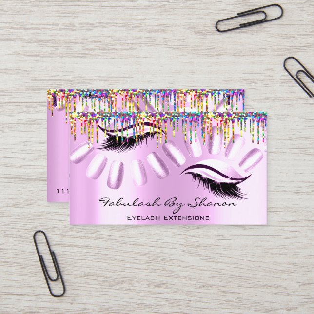 Makeup Artist Nails Eyelash Drips Royal Pink Business Card (Front/Back In Situ)