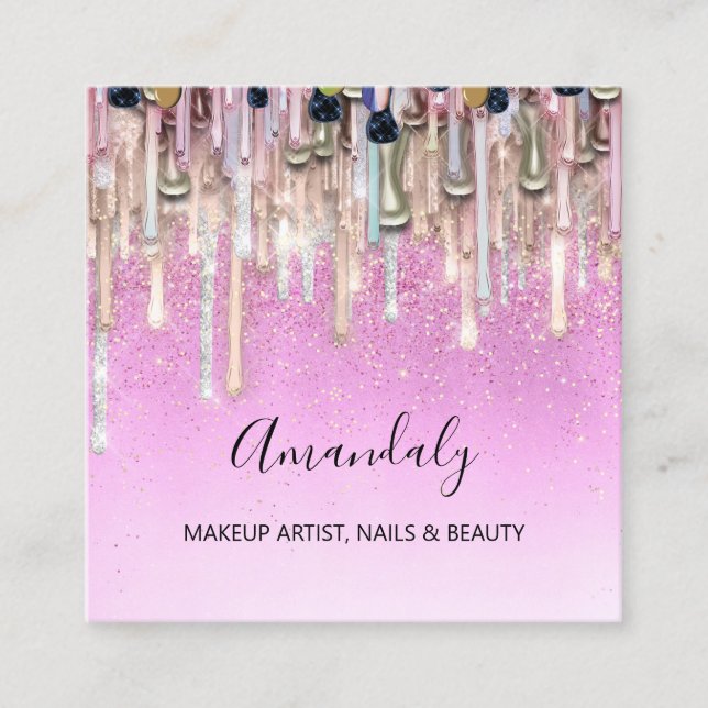 Makeup Artist Nails Glitter Logo Rose Drips Pinky  Square Business Card (Front)