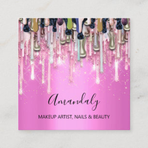 Makeup Artist Nails Logo Pink Glitter Gold Drips Square Business Card