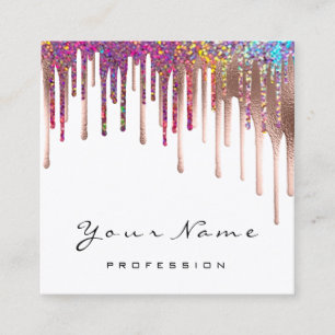 Makeup Artist Nails Rose Rainbow Holograph Drips Square Business Card