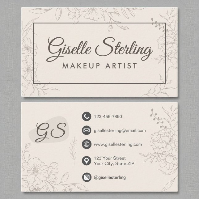Makeup Artist Neutral Ivory Floral Elegant Script Business Card (Creator Uploaded)