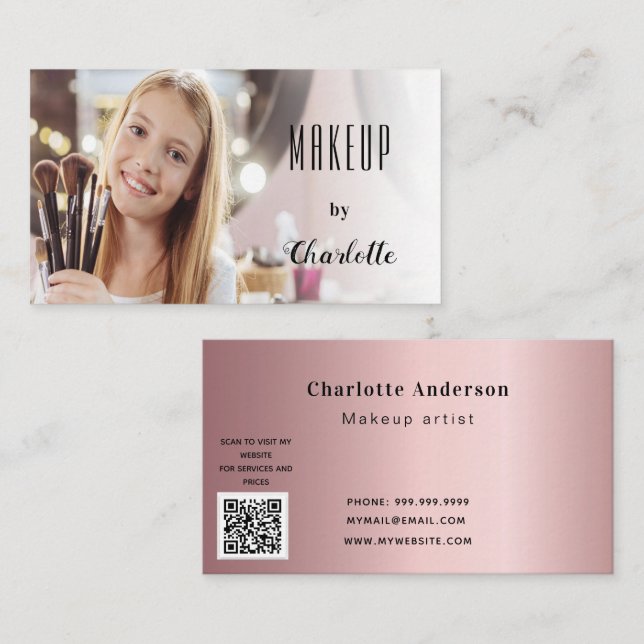 Makeup artist photo beauty blush script QR code Business Card (Front/Back)