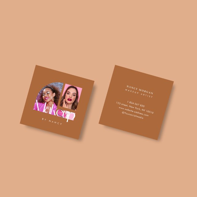 Makeup Artist Photo Collage Terracotta  Square Business Card (Creator Uploaded)