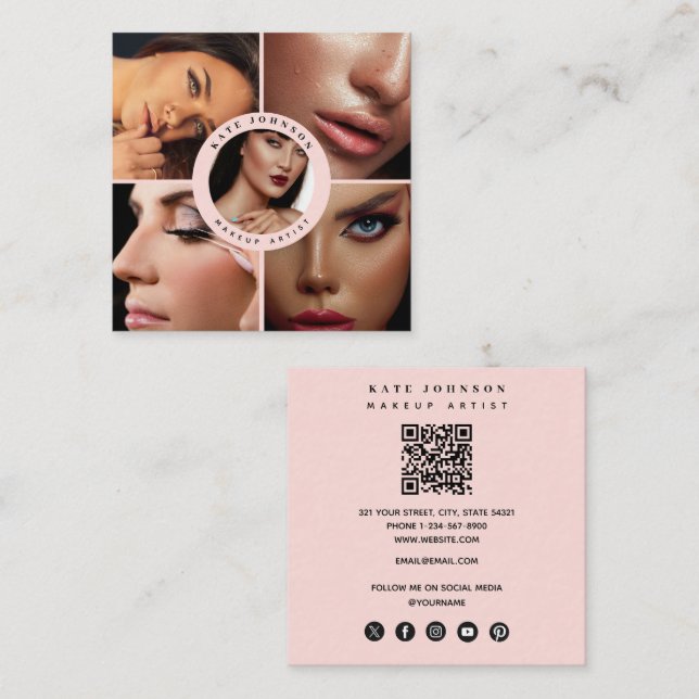 Makeup Artist Photos QR Code Social Media Icons  Square Business Card (Front/Back)