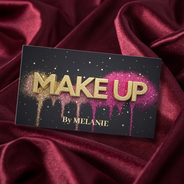 Makeup Artist pink Gold Drips Trendy Black Glitter Business Card (Creator Uploaded)