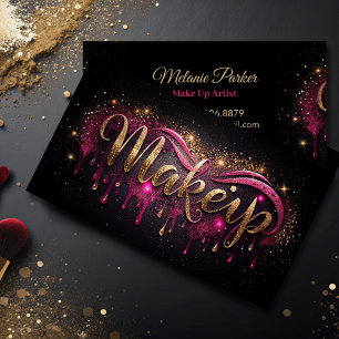 Makeup Artist pink Gold Drips Trendy Black Glitter Business Card