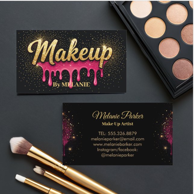 Makeup Artist pink Gold Drips Trendy Black Glitter Business Card (Creator Uploaded)