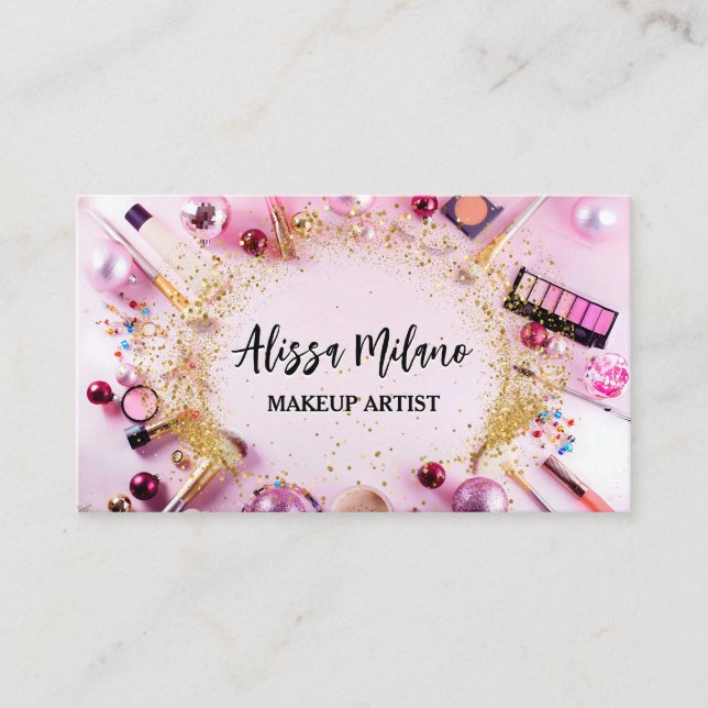 Makeup artist pink gold QR code Social Media Business Card (Front)