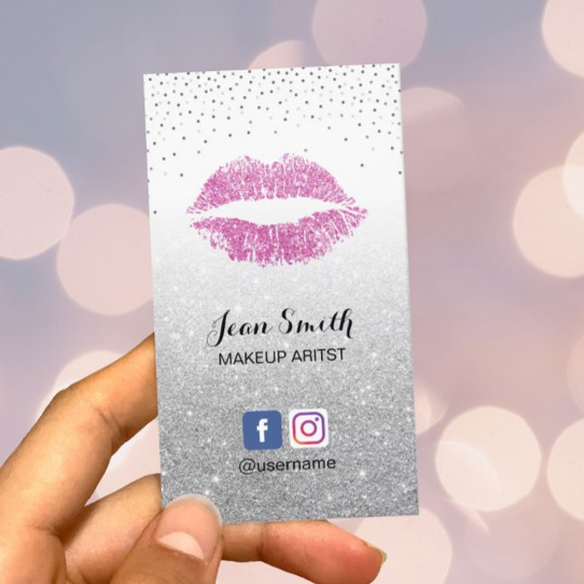 Makeup Artist Pink Lips Chic Silver Glitter Salon Business Card (Creator Uploaded)