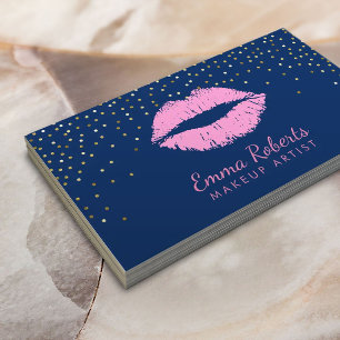 Makeup Artist Pink Lips Gold Confetti Navy Blue Business Card