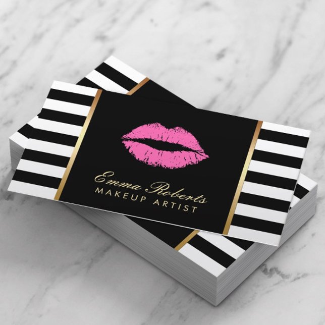 Makeup Artist Pink Lips Modern Black White Stripes Business Card (Creator Uploaded)