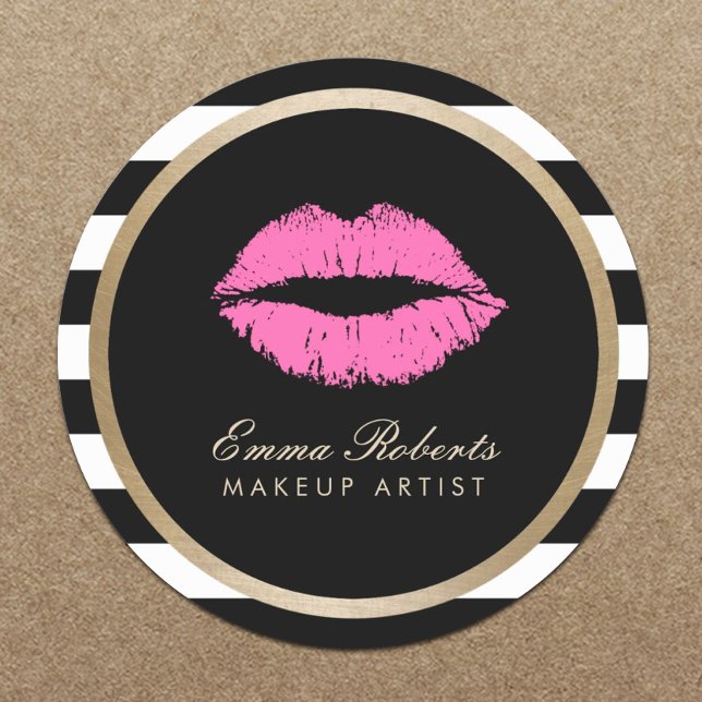 Makeup Artist Pink Lips Modern Black White Stripes Classic Round Sticker (Creator Uploaded)