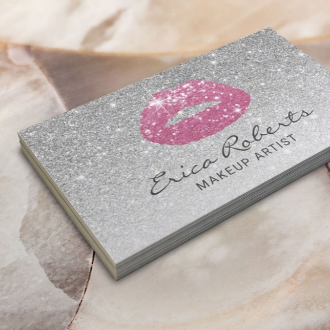 Makeup Artist Pink Lips Modern Silver Glitter Business Card (Creator Uploaded)